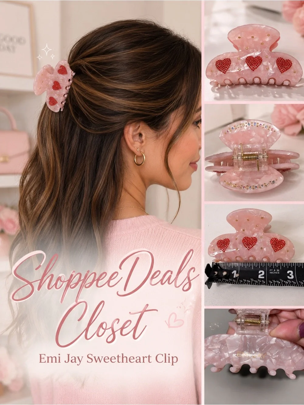 Emi Jay Sweetheart Clip Pink Marble Red Rhinestone Hearts Hair Claw